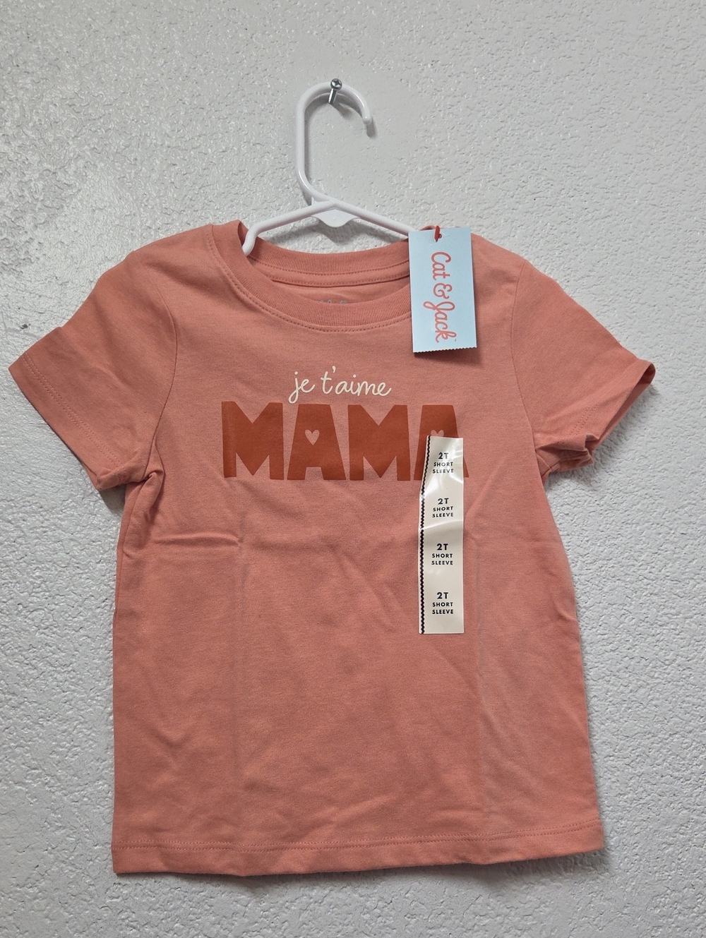 Cat & Jack Kids' Coral "Je t'aime Mama" Short Sleeve Tee 2T Nwt
